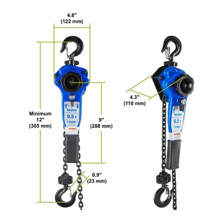 Tractel Lever Chain Hoist, 1,000 lb Load Capacity, 5 ft Hoist Lift, 0.9 in. Hook Opening 19659